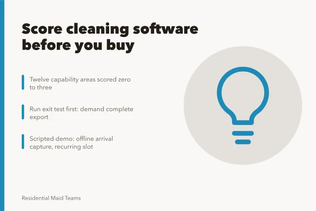 Checklist for scoring home cleaning software capabilities and export tests. 7 things to check in home cleaning software