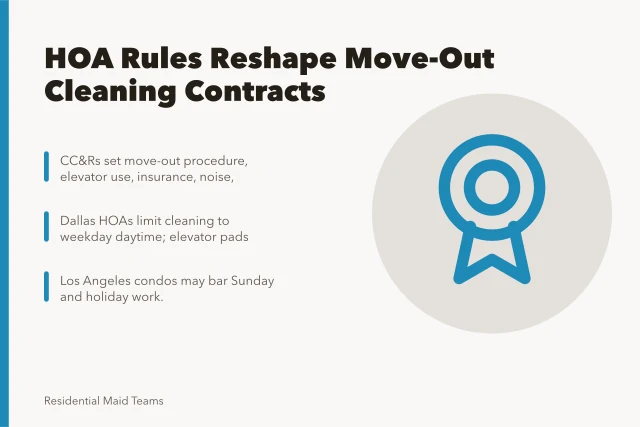 Card summarizing HOA and condo rules for move-out cleaning contracts. How HOA and condo rules in US metros change move-out cleaning contracts