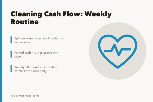 Card on home cleaning cash flow, chart of accounts, weekly routine. Home cleaning cash flow basics for owners who hate spreadsheets