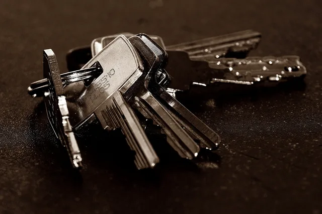 close-up, keys, macro, brown key. Home cleaning operations at the crew end: job sheet to closeout