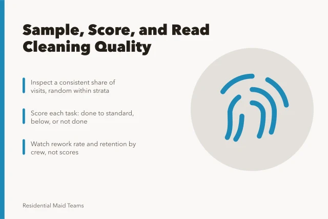 Card on sampling, scoring, and reading home cleaning quality inspections. How a home cleaning business keeps service quality honest without the jargon