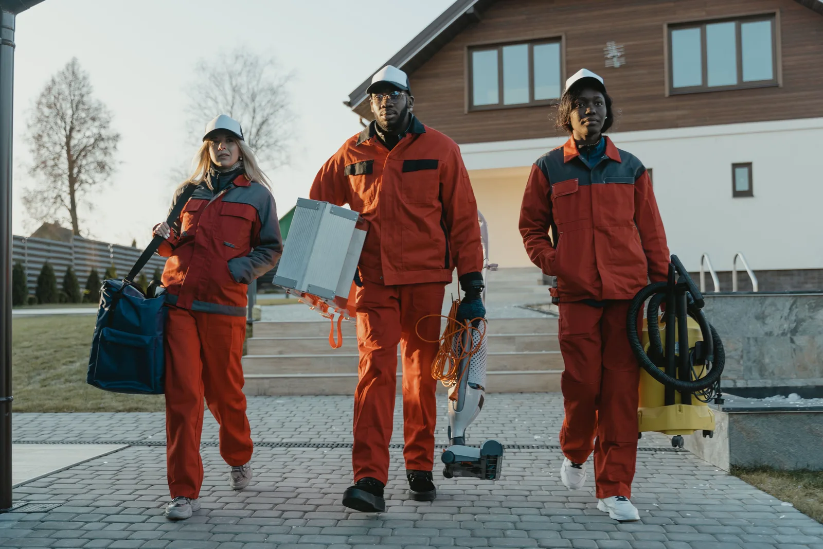 A diverse team of professional cleaners walking outdoors in uniform, holding tools. Home cleaning scheduling: routes and recovery rules