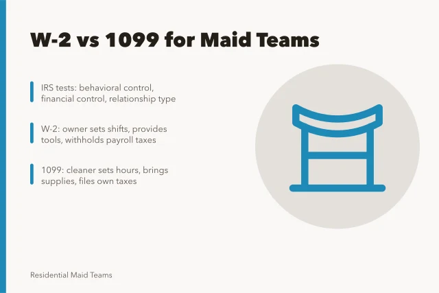 Card comparing W-2 employee and 1099 contractor rules for residential maid teams. Independent Contractor vs Employee for a Residential Maid Team: The Real Tradeoffs