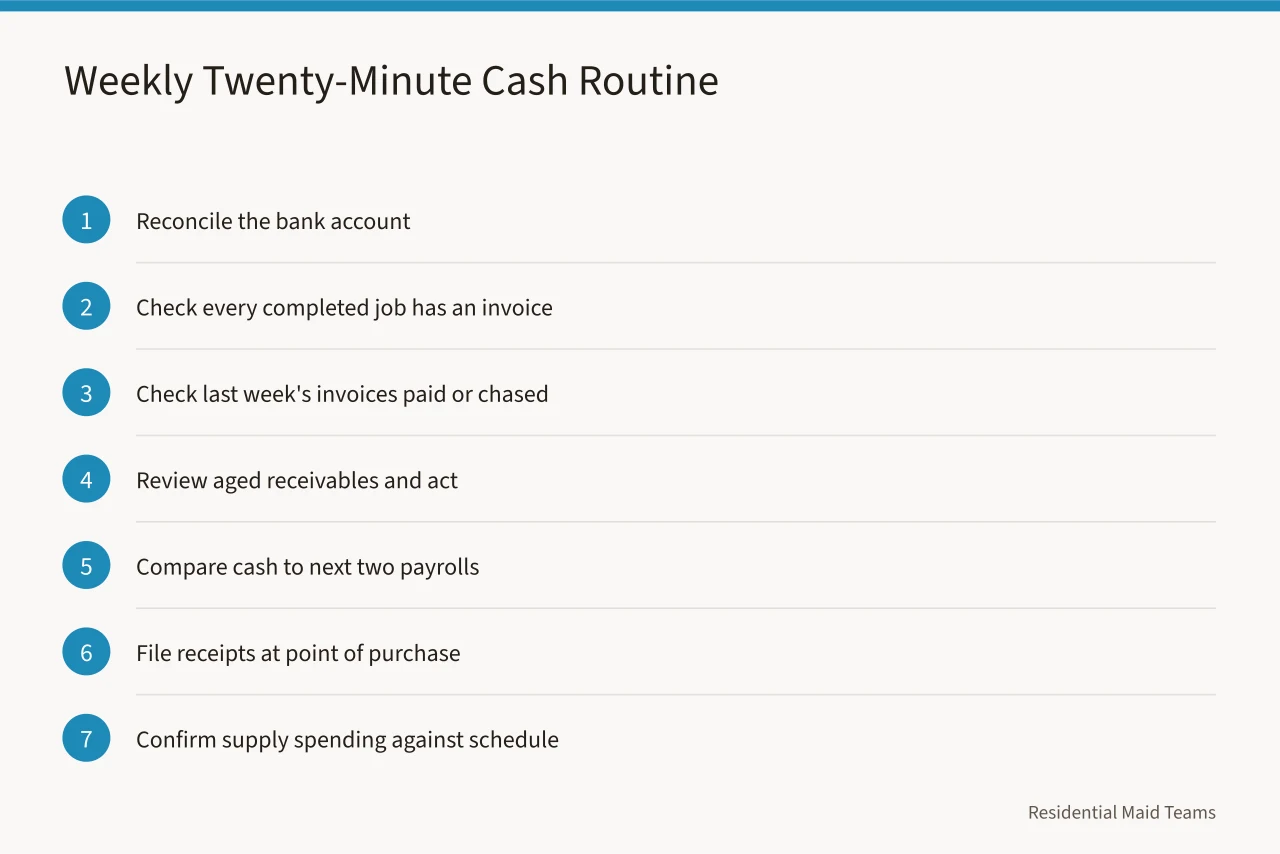 Seven-step weekly bookkeeping routine for a cleaning company (Home cleaning cash flow basics for owners who hate spreadsheets)